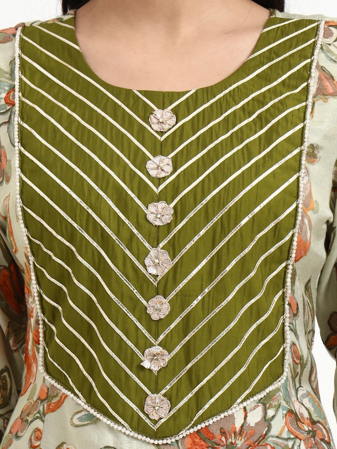 Green Lensing A Line Kurta Trouser Dupatta Set