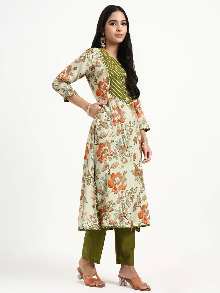 Green Lensing A Line Kurta Trouser Dupatta Set