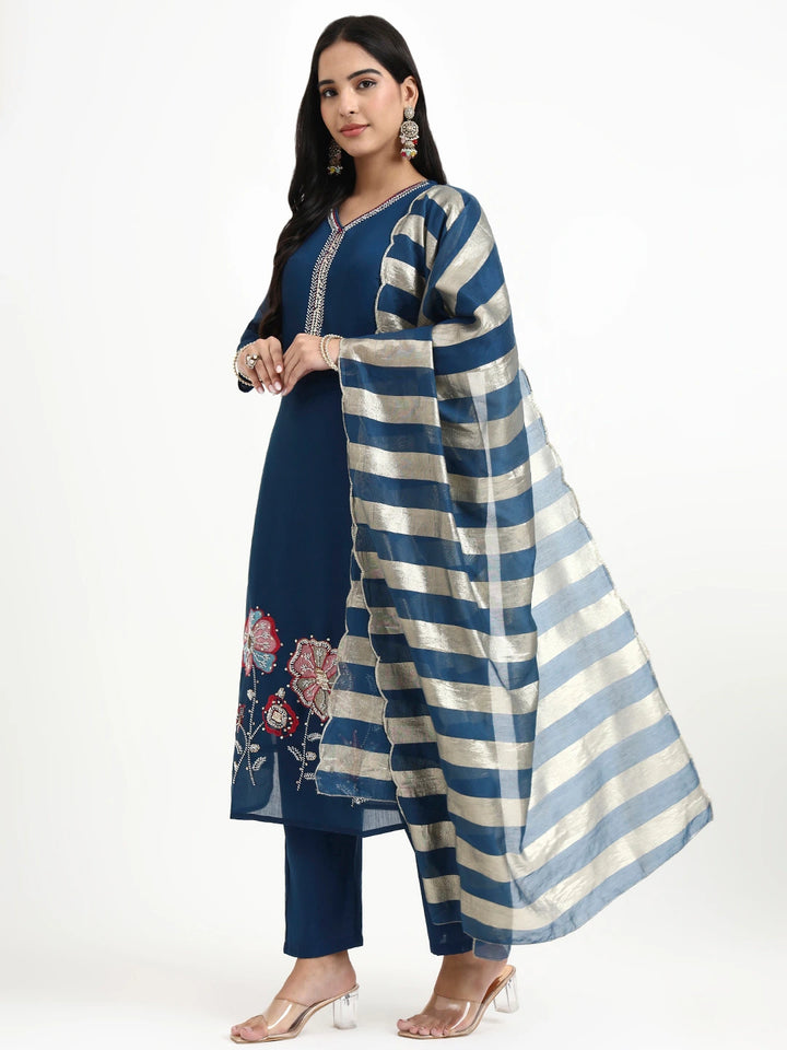 Navy Blue Solid Straight Style Chanderi Silk Lining Kurta Trouser Dupatta Set