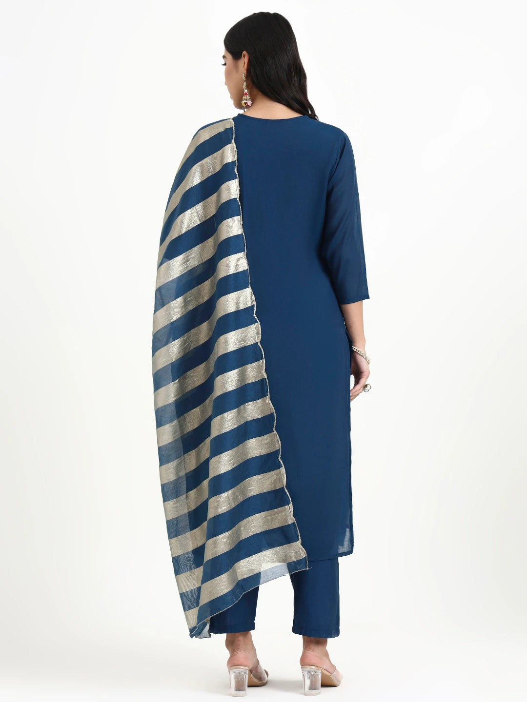 Navy Blue Solid Straight Style Chanderi Silk Lining Kurta Trouser Dupatta Set