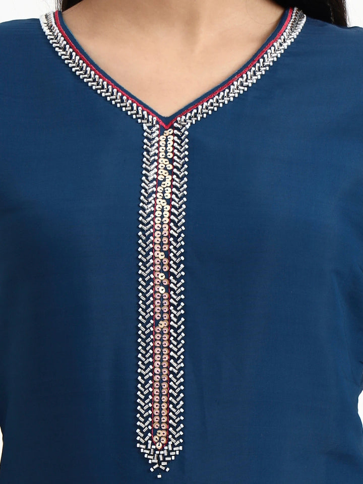 Navy Blue Solid Straight Style Chanderi Silk Lining Kurta Trouser Dupatta Set