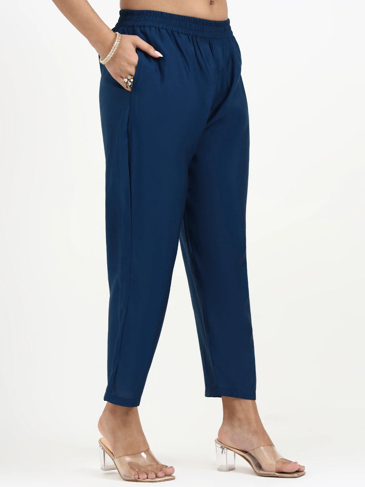 Navy Blue Solid Straight Style Chanderi Silk Lining Kurta Trouser Dupatta Set