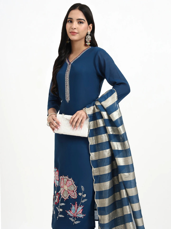 Navy Blue Solid Straight Style Chanderi Silk Lining Kurta Trouser Dupatta Set
