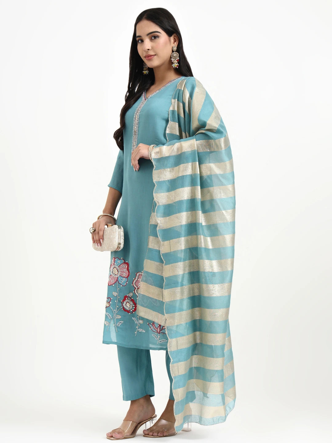 Turquoise Blue Solid Straight Style Chanderi Silk Lining Kurta Trouser Dupatta Set