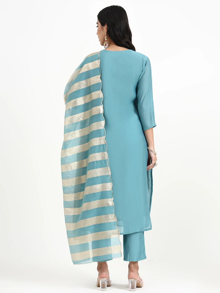 Turquoise Blue Solid Straight Style Chanderi Silk Lining Kurta Trouser Dupatta Set