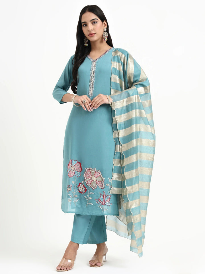 Turquoise Blue Solid Straight Style Chanderi Silk Lining Kurta Trouser Dupatta Set