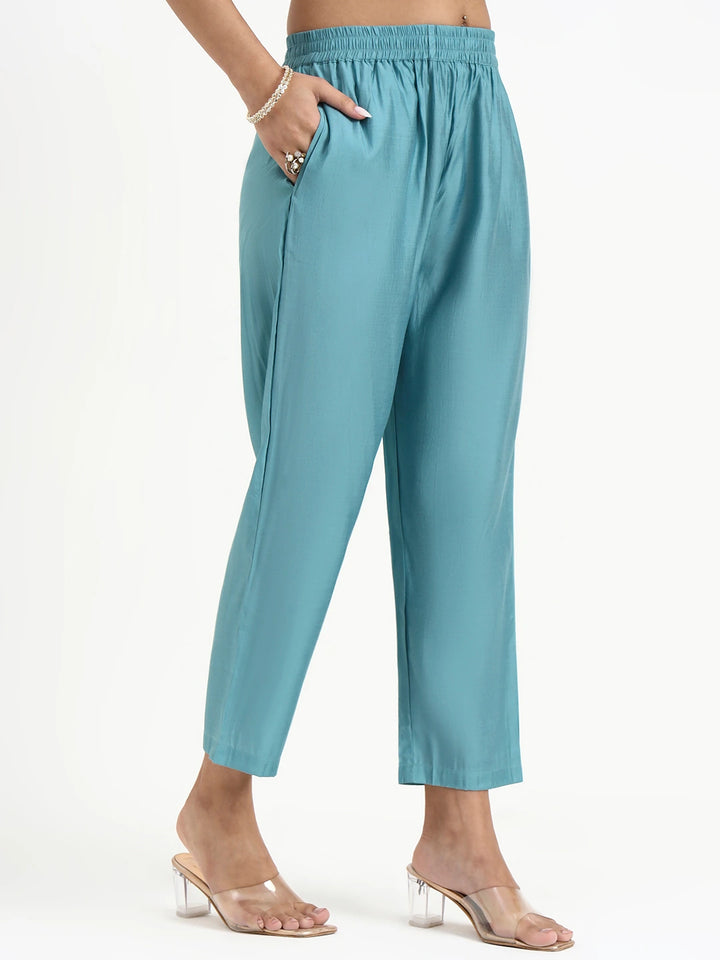 Turquoise Blue Solid Straight Style Chanderi Silk Lining Kurta Trouser Dupatta Set