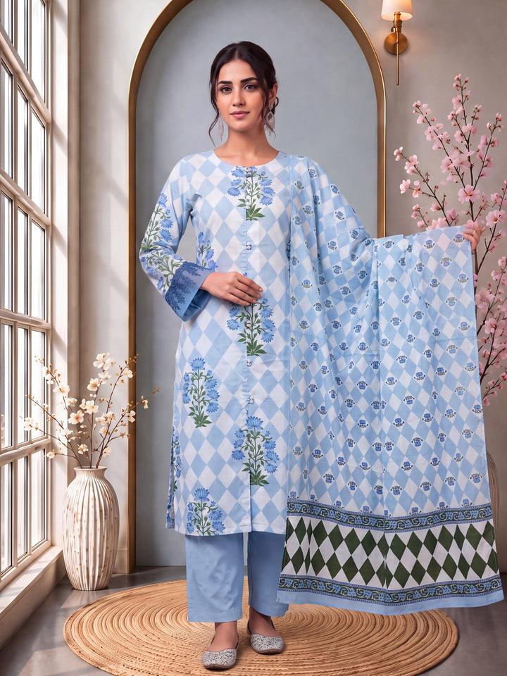 Blue Floral And Geometric A-Line Button Yoke Design Kurta Trouser Dupatta Set