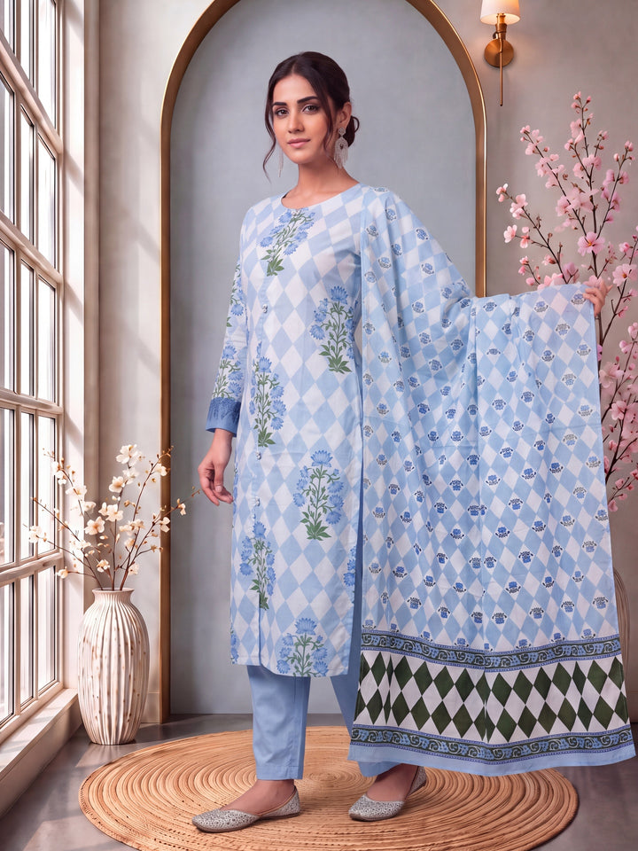 Blue Floral And Geometric A-Line Button Yoke Design Kurta Trouser Dupatta Set