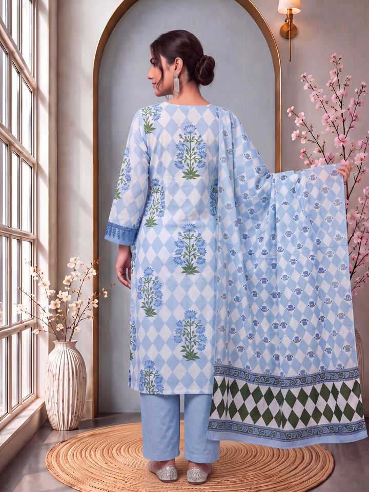 Blue Floral And Geometric A-Line Button Yoke Design Kurta Trouser Dupatta Set