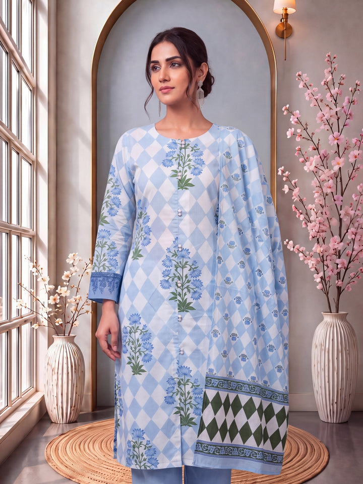Blue Floral And Geometric A-Line Button Yoke Design Kurta Trouser Dupatta Set