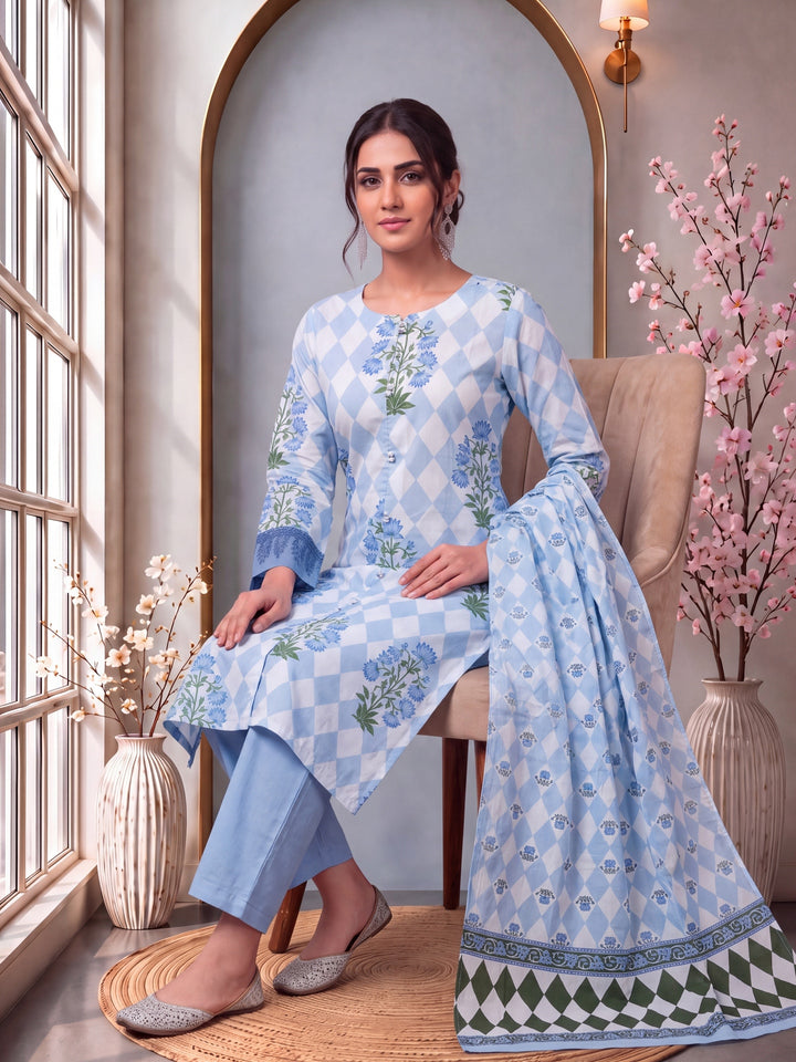 Blue Floral And Geometric A-Line Button Yoke Design Kurta Trouser Dupatta Set