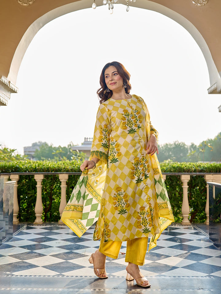 Yellow Floral And Geometric A-Line Button Yoke Design Kurta Trouser Dupatta Set