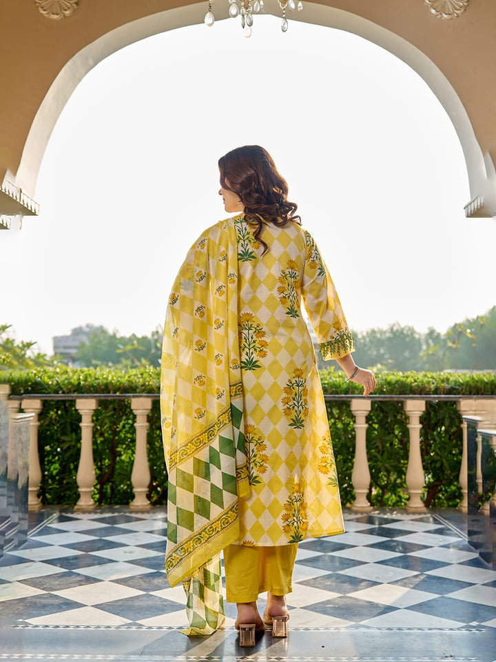 Yellow Floral And Geometric A-Line Button Yoke Design Kurta Trouser Dupatta Set