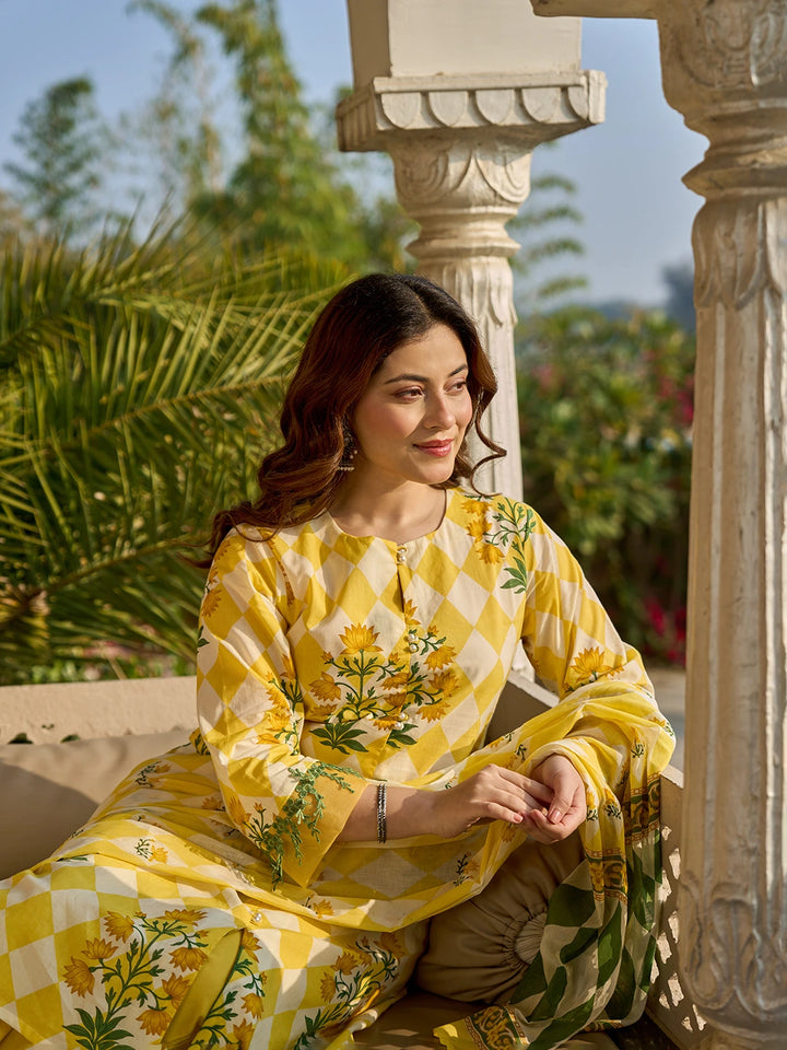 Yellow Floral And Geometric A-Line Button Yoke Design Kurta Trouser Dupatta Set