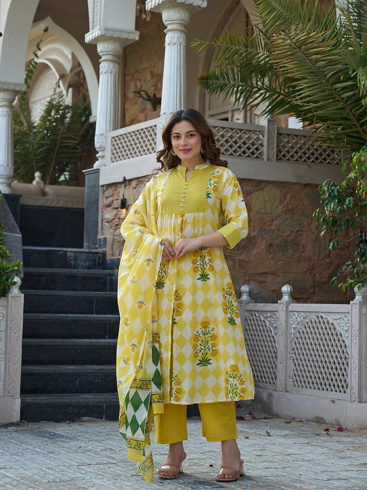 Yellow Floral And Geometric A-Line Button Yoke Kurta Trouser Dupatta Set