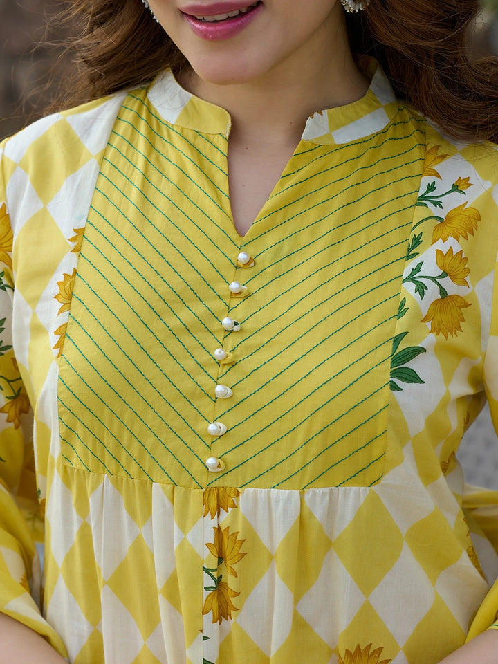 Yellow Floral And Geometric A-Line Button Yoke Kurta Trouser Dupatta Set