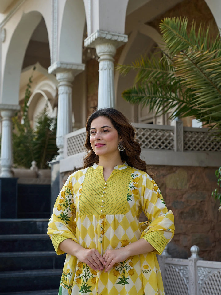 Yellow Floral And Geometric A-Line Button Yoke Kurta Trouser Dupatta Set