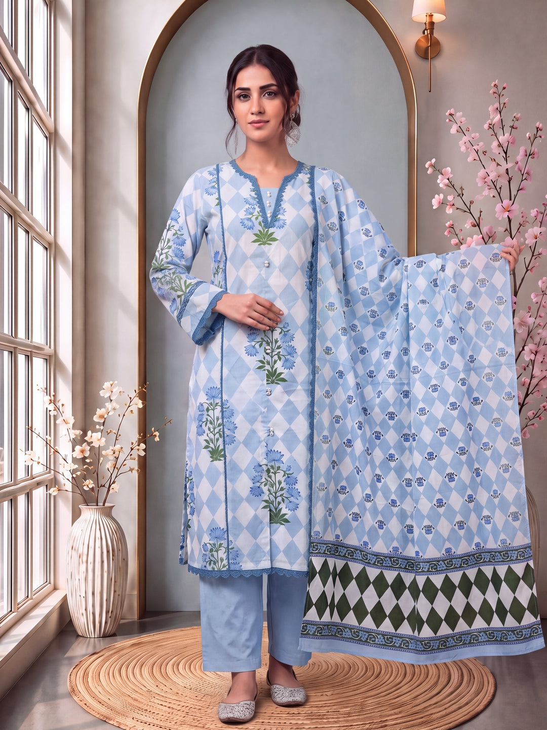 Blue Floral And Geometric Anarkali Lace-Work Kurta Trouser Dupatta Set