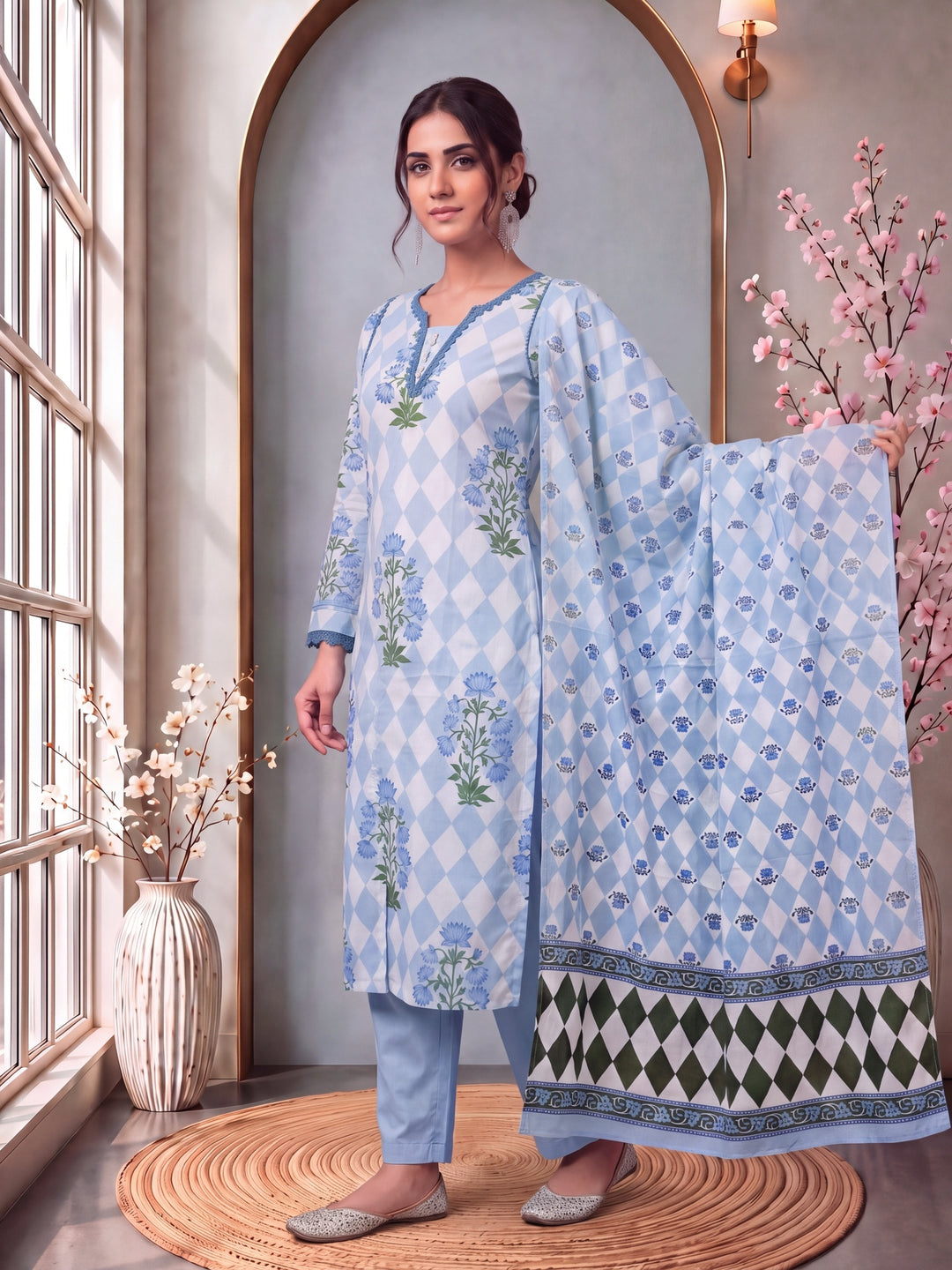 Blue Floral And Geometric Anarkali Lace-Work Kurta Trouser Dupatta Set