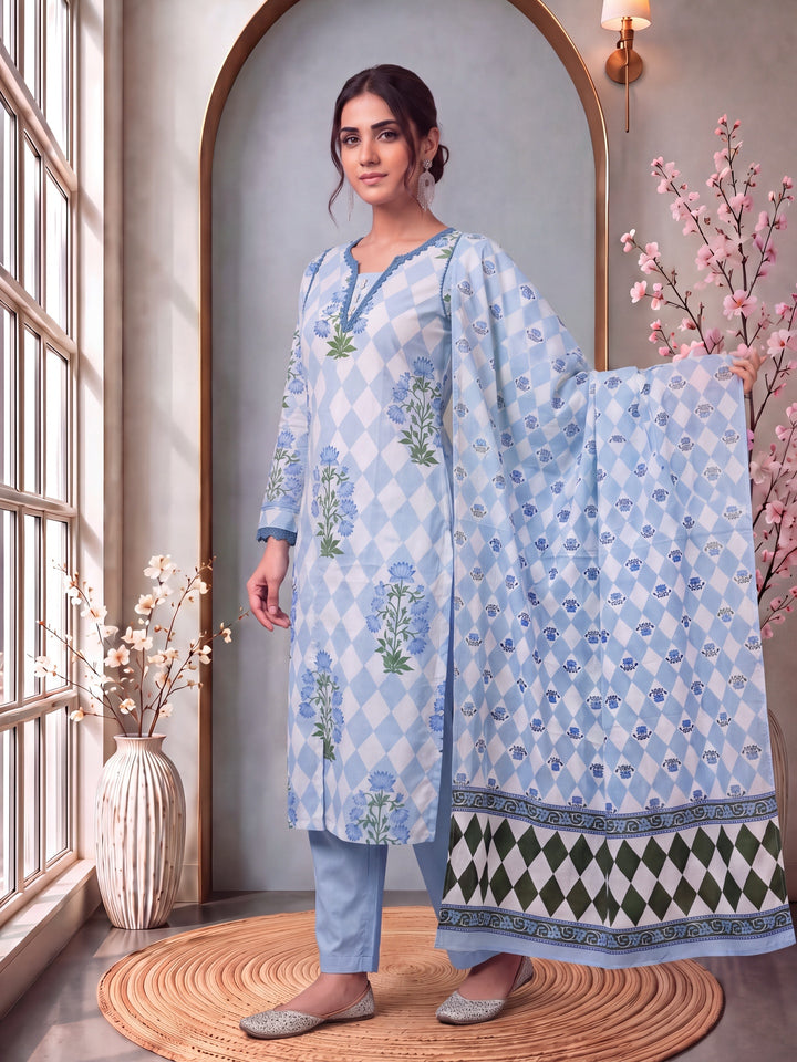 Blue Floral And Geometric Anarkali Lace-Work Kurta Trouser Dupatta Set