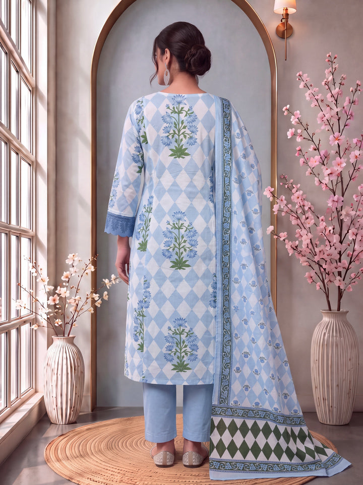 Blue Floral And Geometric Anarkali Lace-Work Kurta Trouser Dupatta Set
