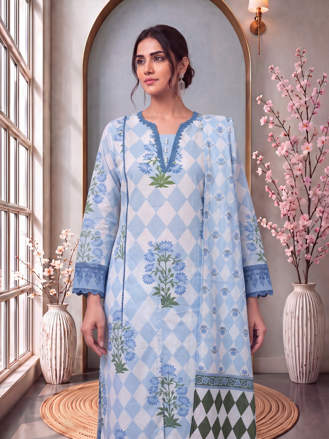 Blue Floral And Geometric Anarkali Lace-Work Kurta Trouser Dupatta Set