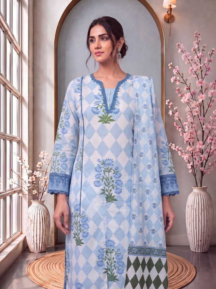 Blue Floral And Geometric Anarkali Lace-Work Kurta Trouser Dupatta Set
