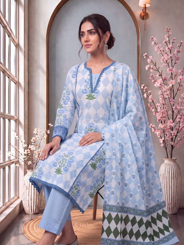 Blue Floral And Geometric Anarkali Lace-Work Kurta Trouser Dupatta Set