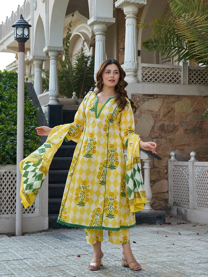 Yellow Floral And Geometric Anarkali Lace-Work Kurta Trouser Dupatta Set