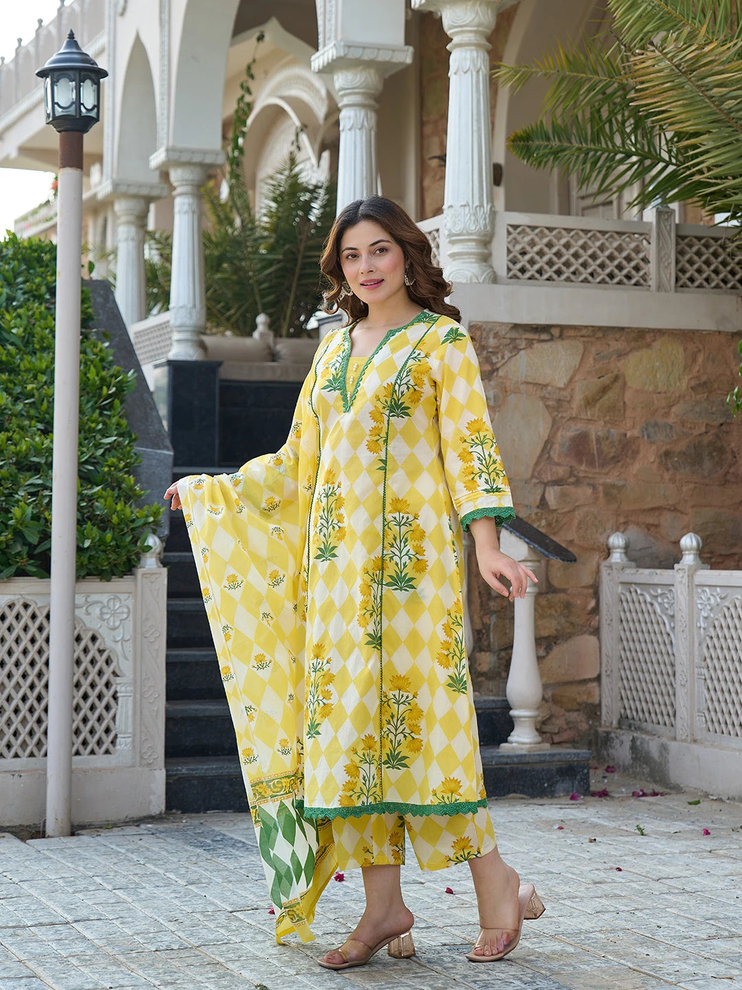 Yellow Floral And Geometric Anarkali Lace-Work Kurta Trouser Dupatta Set