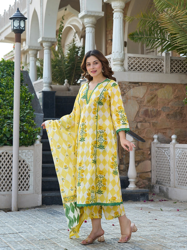 Yellow Floral And Geometric Anarkali Lace-Work Kurta Trouser Dupatta Set