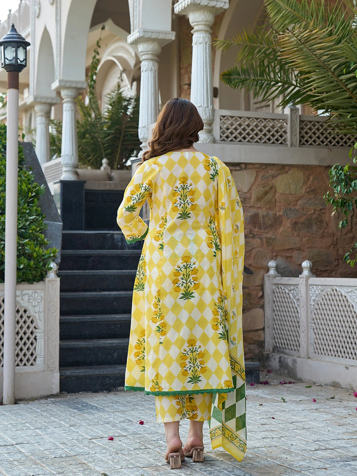 Yellow Floral And Geometric Anarkali Lace-Work Kurta Trouser Dupatta Set
