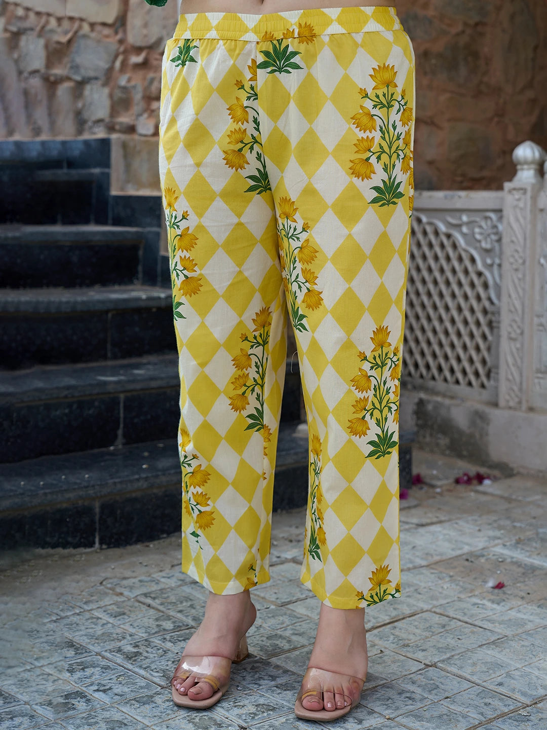 Yellow Floral And Geometric Anarkali Lace-Work Kurta Trouser Dupatta Set