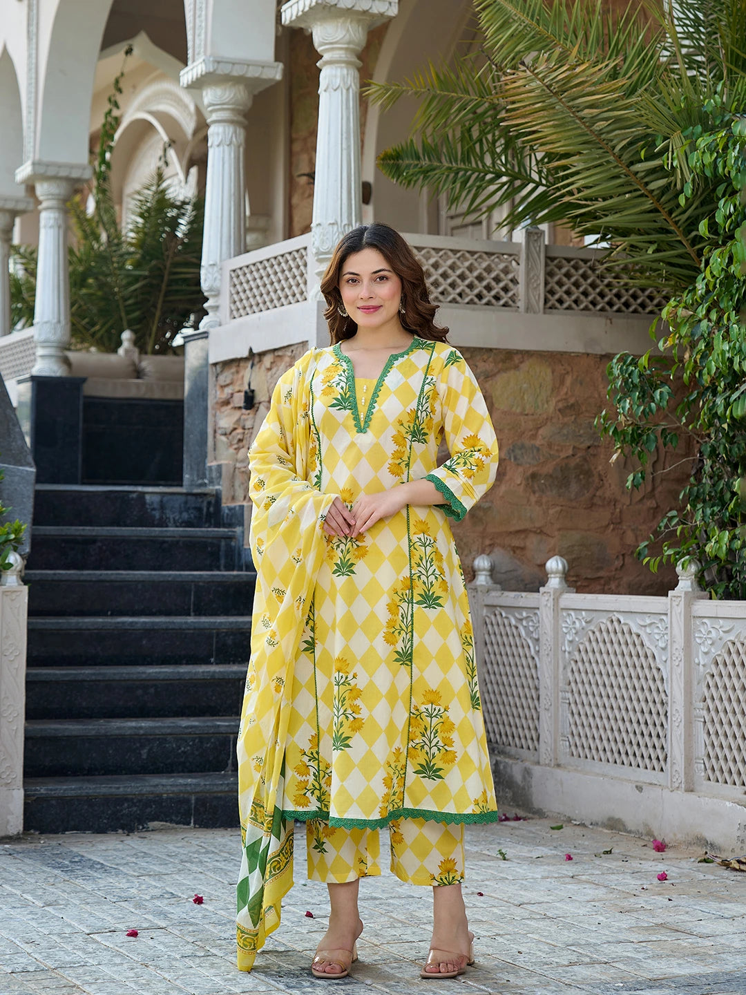 Yellow Floral And Geometric Anarkali Lace-Work Kurta Trouser Dupatta Set