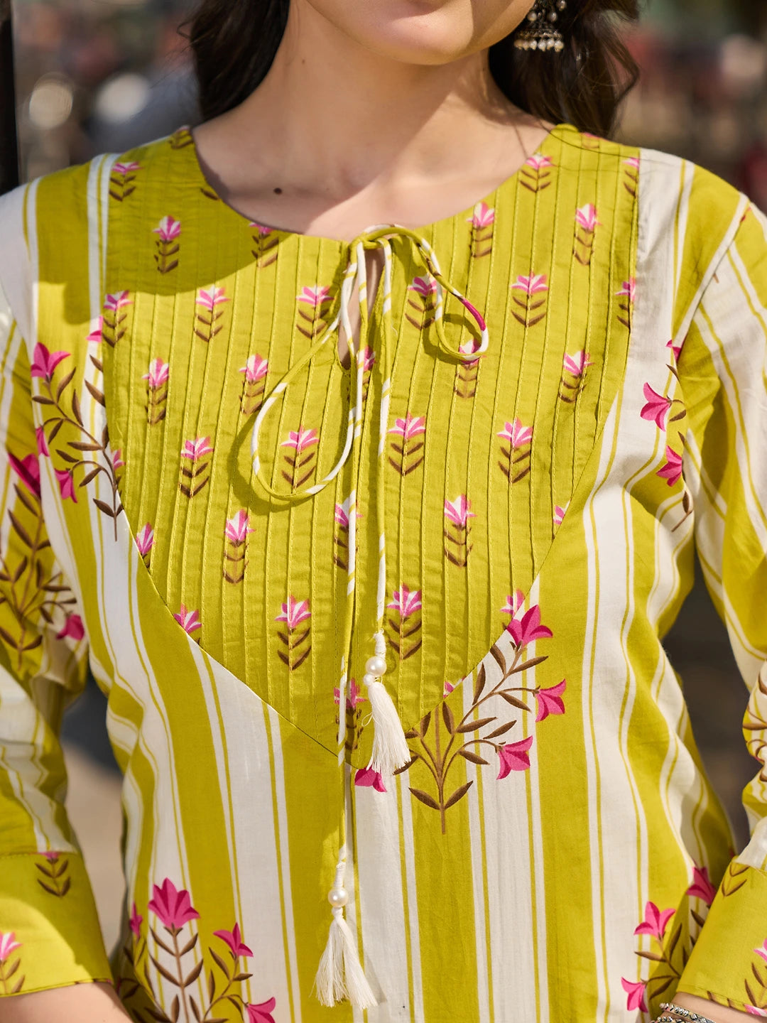 Yellow And White Floral-Printed Yoke With Vertical Pintuck Detailing Kurta Trouser Dupatta Set