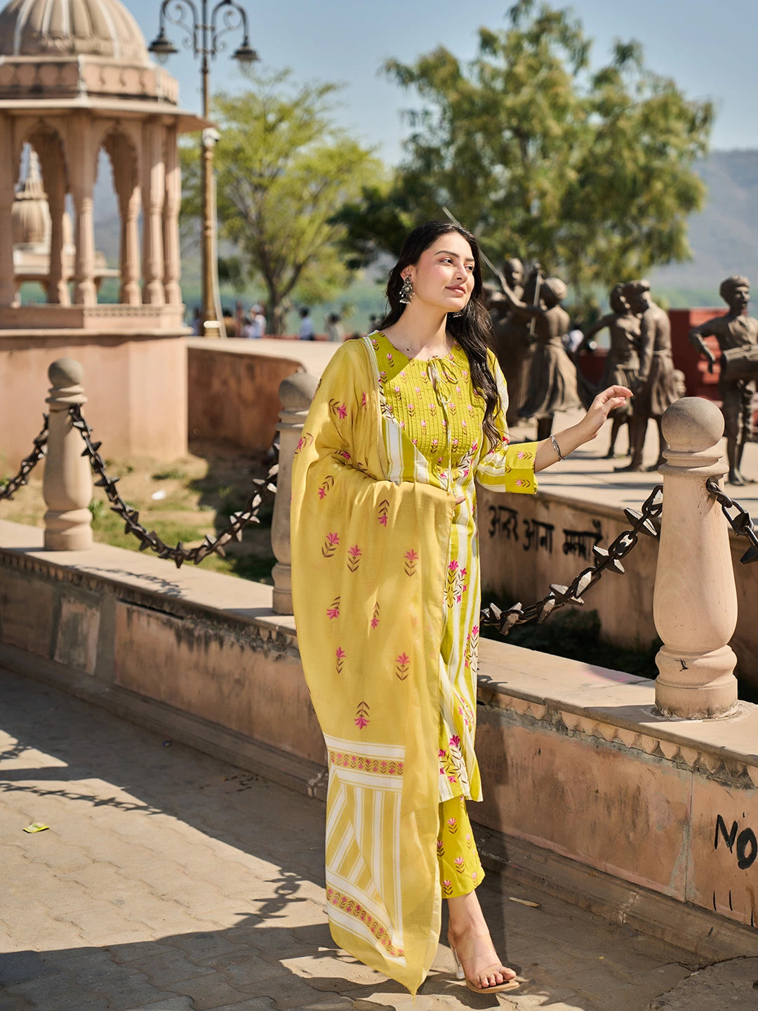 Yellow And White Floral-Printed Yoke With Vertical Pintuck Detailing Kurta Trouser Dupatta Set