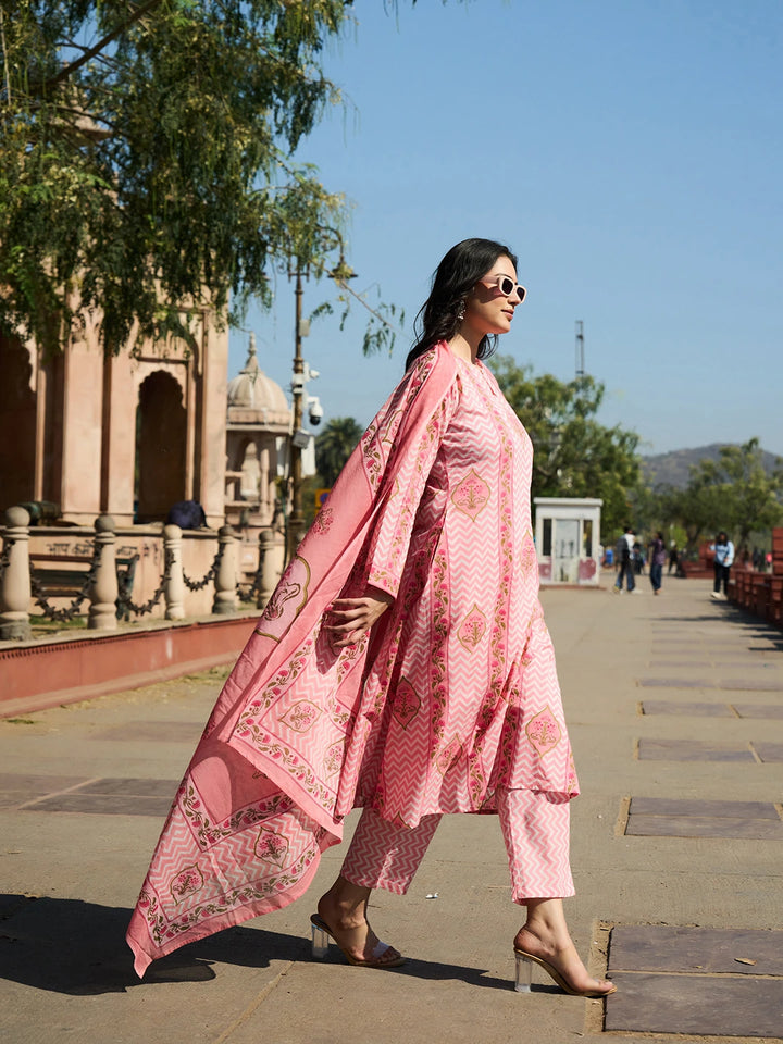 Pink Zig Zag Floral Print A-Line Design This Kurta Trouser Dupatta Set