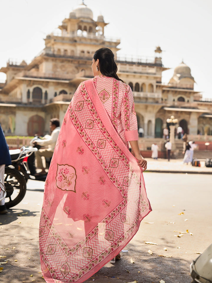 Pink Zig Zag Floral Print A-Line Design This Kurta Trouser Dupatta Set