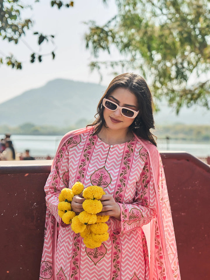 Pink Zig Zag Floral Print A-Line Design This Kurta Trouser Dupatta Set