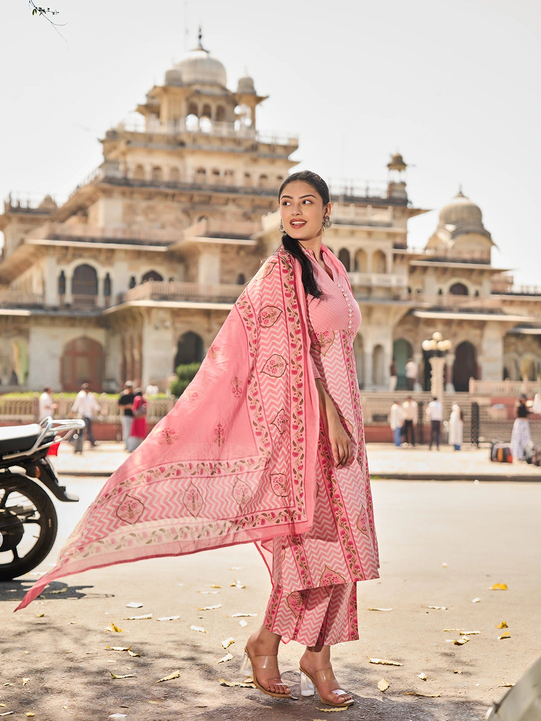 Pink Kantha Work A-Line Kurta Trouser Dupatta Set