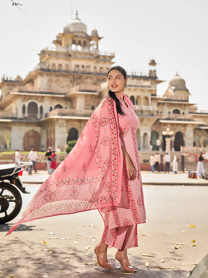 Pink Kantha Work A-Line Kurta Trouser Dupatta Set