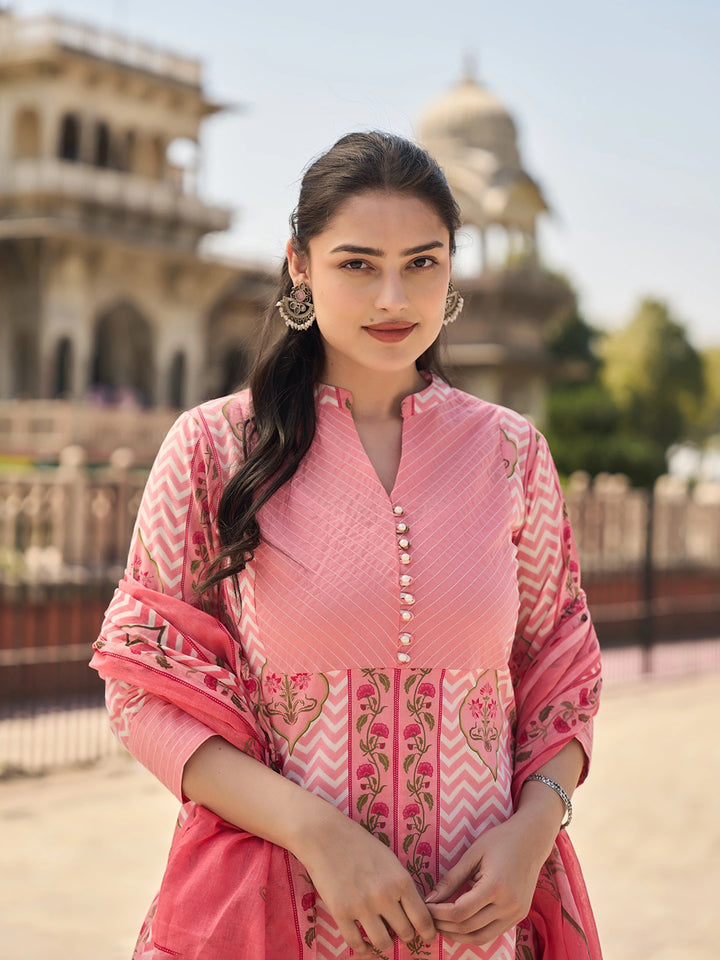 Pink Kantha Work A-Line Kurta Trouser Dupatta Set