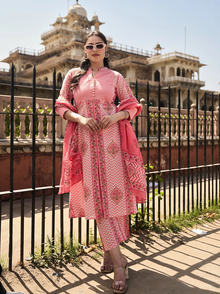 Pink Kantha Work A-Line Kurta Trouser Dupatta Set