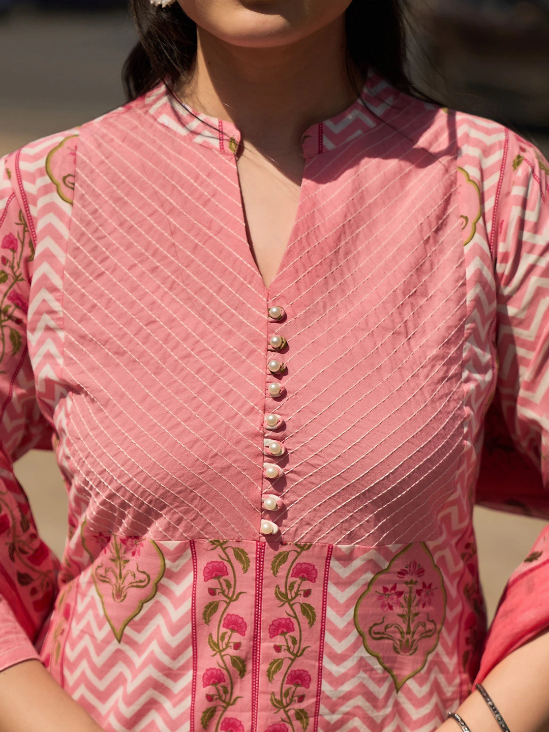 Pink Kantha Work A-Line Kurta Trouser Dupatta Set