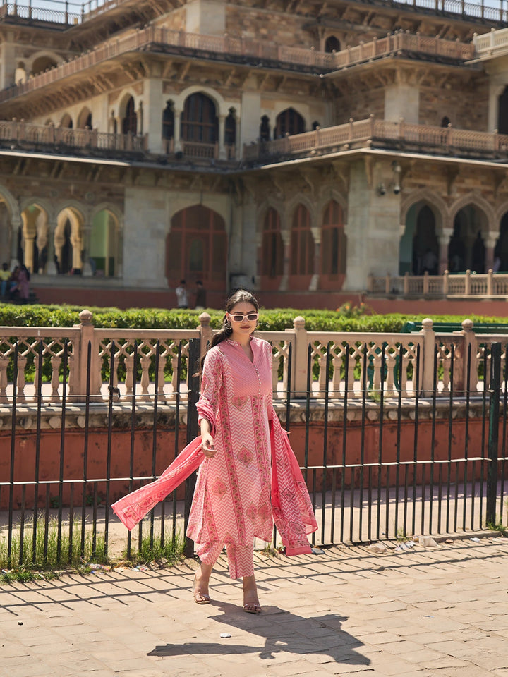 Pink Kantha Work A-Line Kurta Trouser Dupatta Set