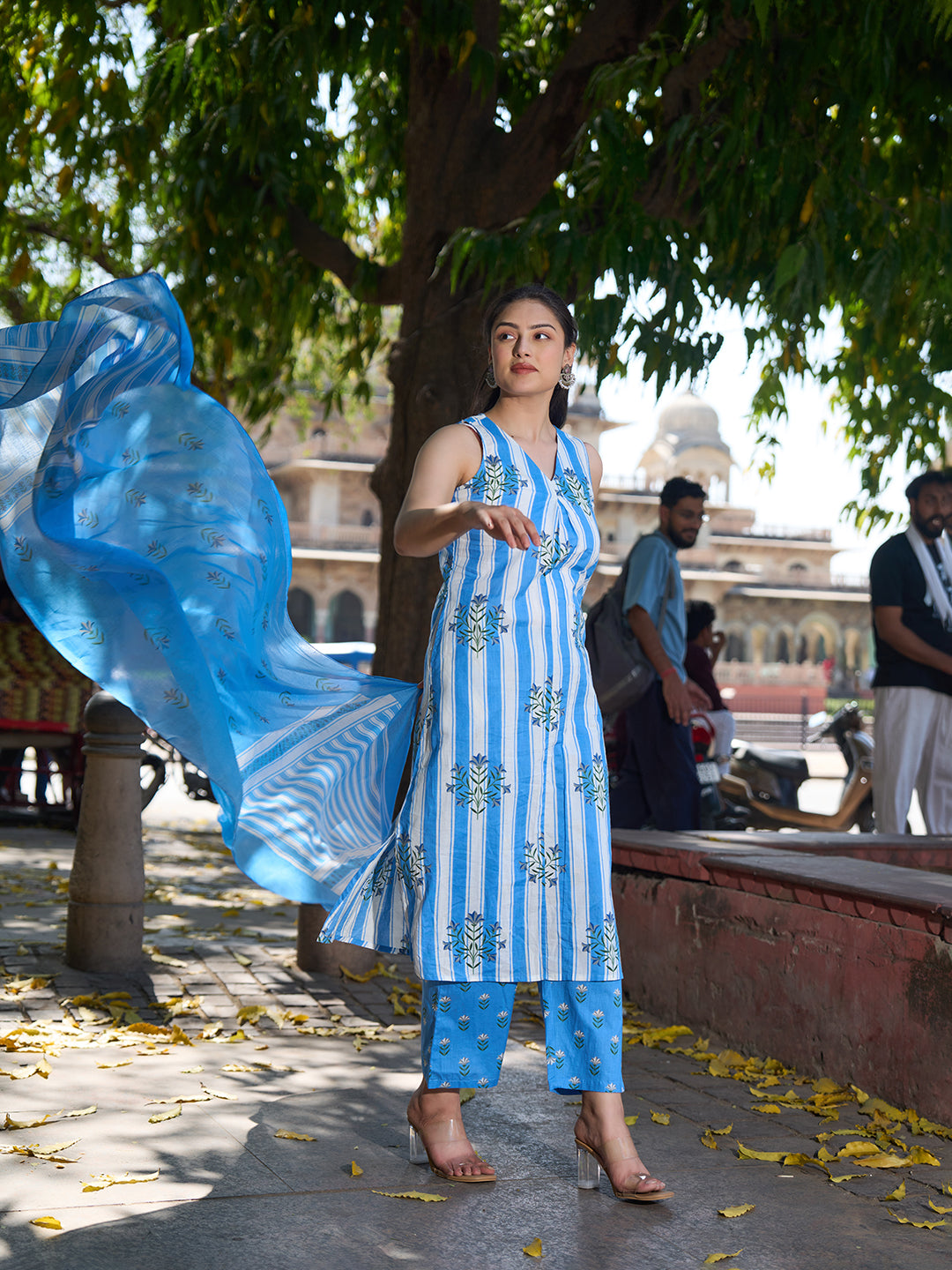 Blue And White Striped A-Line Design Kurta Trouser Dupatta Set