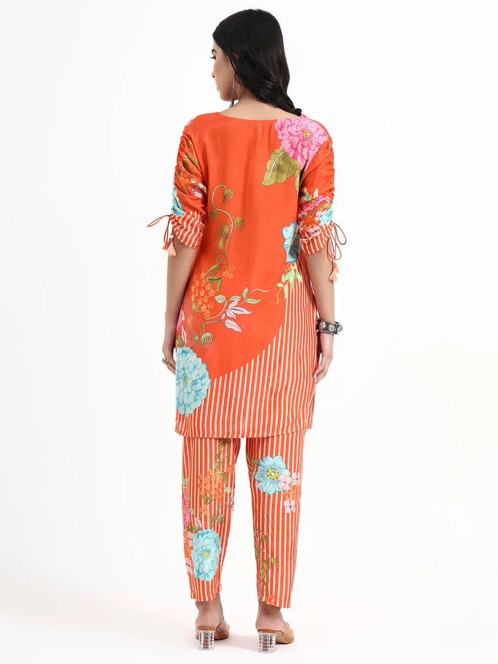 Orange Digtal Print A-Line Muslin Co-Ord Set