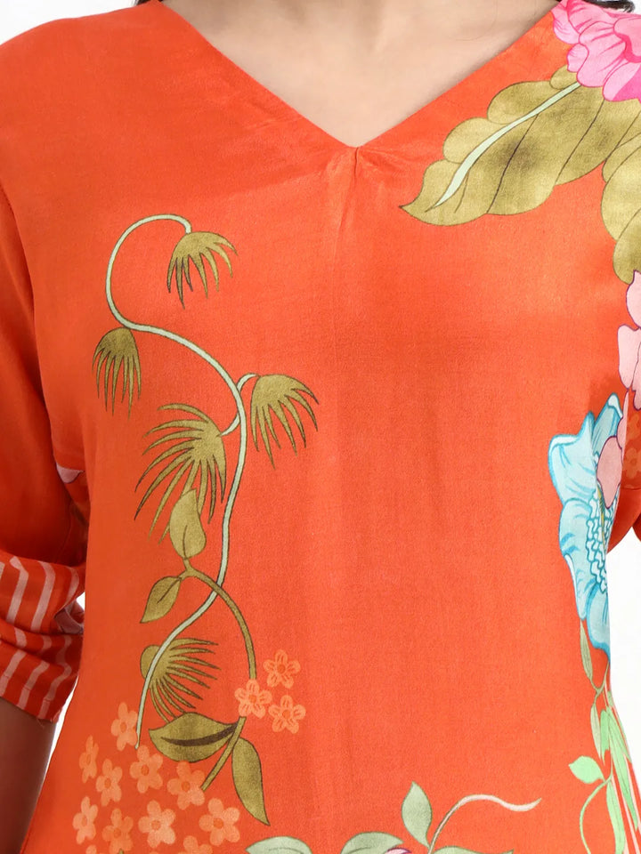 Orange Digtal Print A-Line Muslin Co-Ord Set