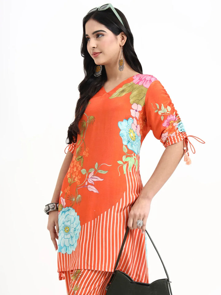 Orange Digtal Print A-Line Muslin Co-Ord Set